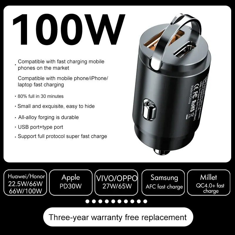 Bluejw 100W USB Car Charger, New Arrival Metal Dual Port Super Fast QC3.0 & PD 15W Mini Cigarette Lighter Automobile Charger - Image 2